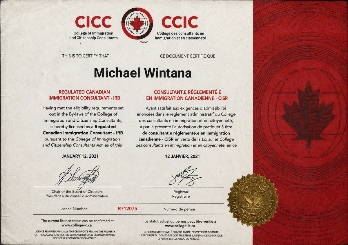 Regulated Canadian Immigration Consultant – IRB certificate